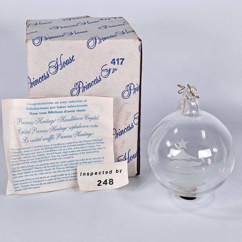 Vtg Princess House Handblown Crystal Christmas Ornament Etched Tree 417 USA Box